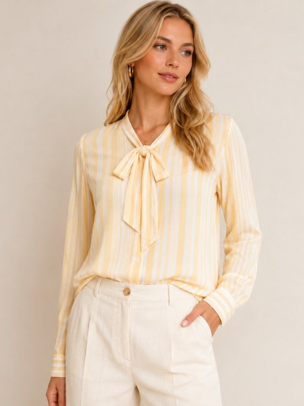 HAVE Los Angeles Yellow White Stripe Tie Neck Blouse Top Shirt Long Sleeve L